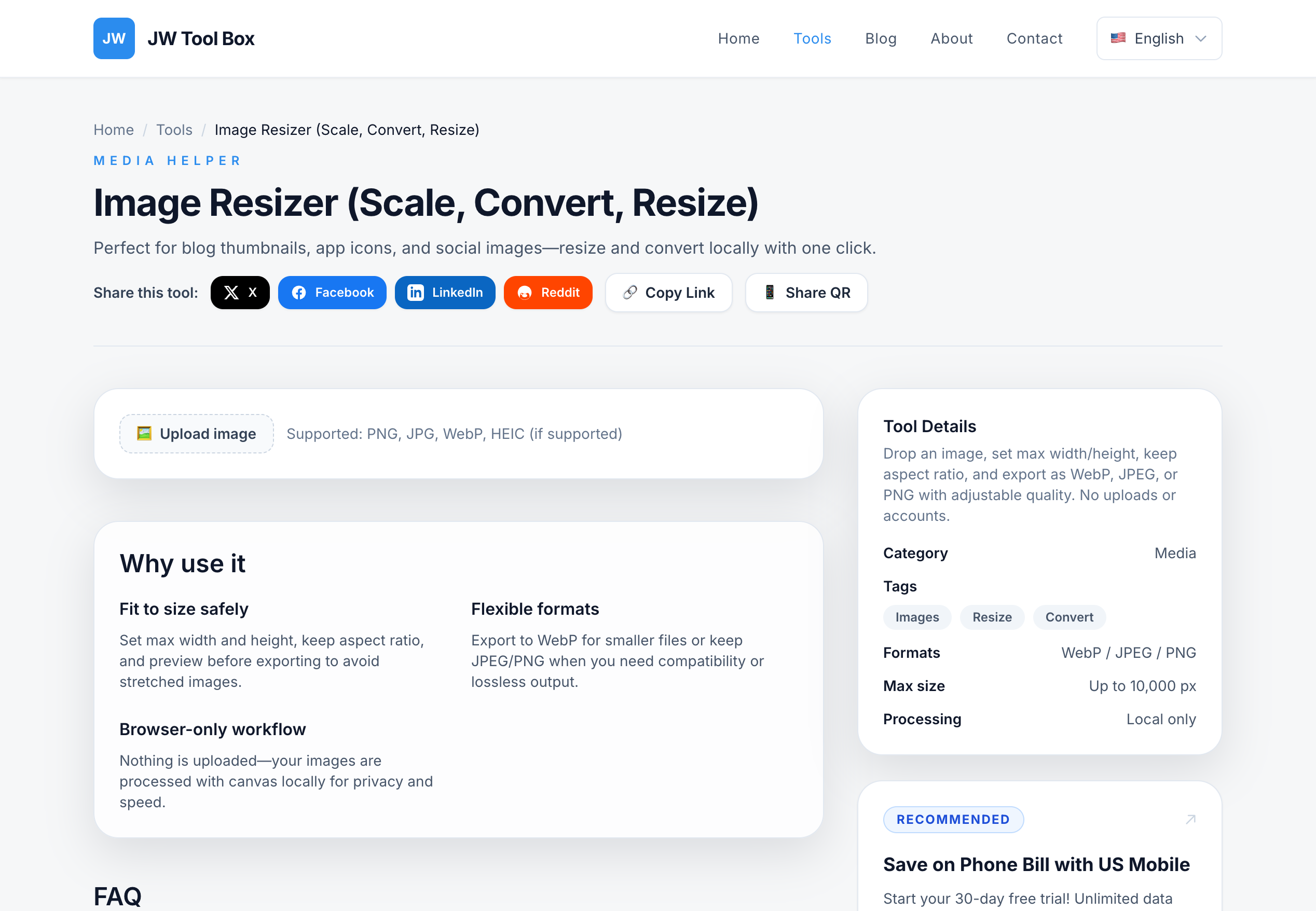 JW Tool Box Image Resizer Interface