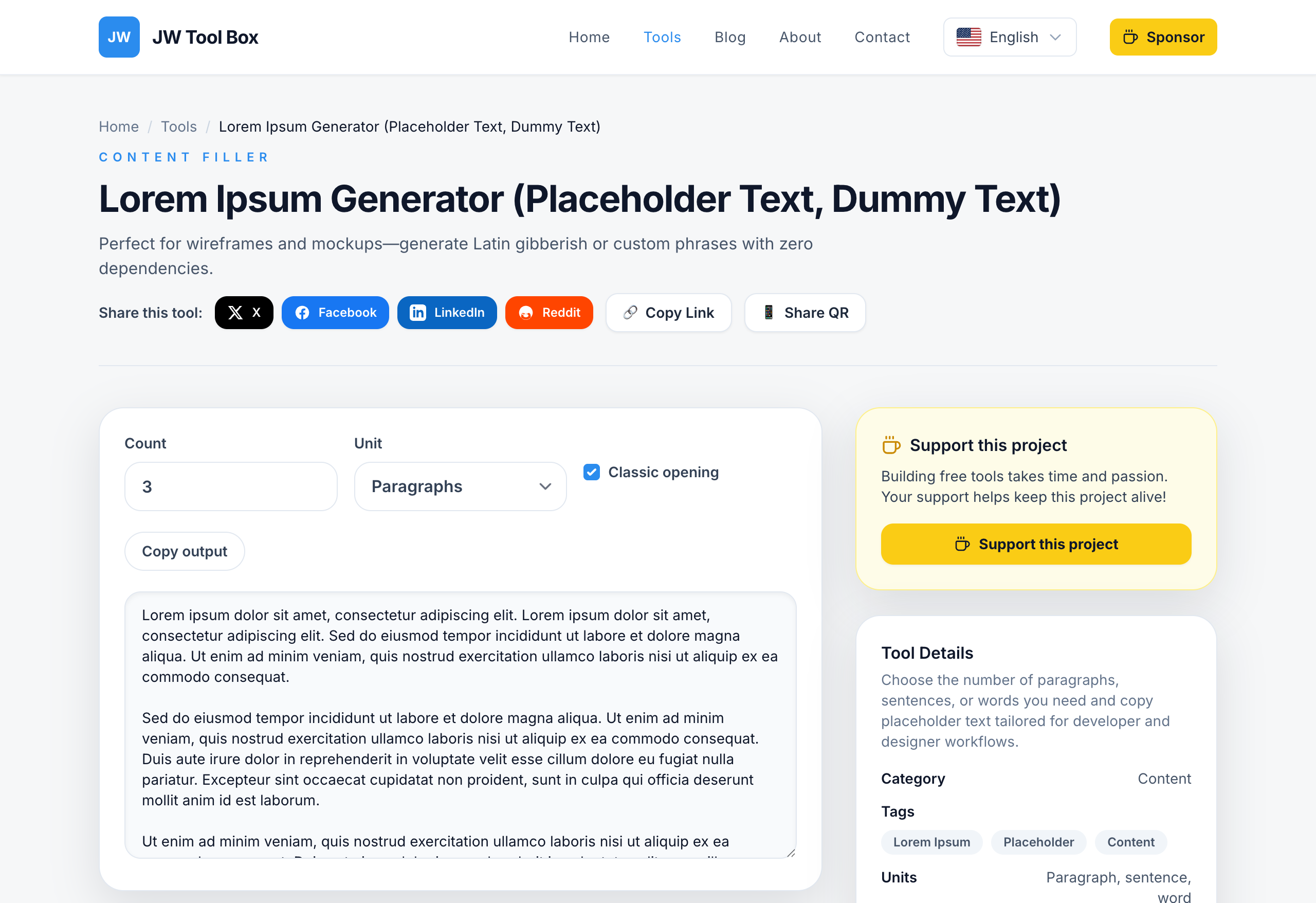 JW Tool Box Lorem Ipsum Generator